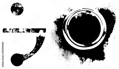 Stylized black and white letterforms with distressed texture, ink splatters, halftone, graphic design elements, vector art.