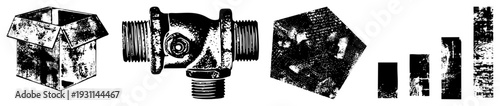Black and white vector illustration of threaded pipe fitting, open cardboard box, and abstract pentagon with grainy texture, isolated technical elements.