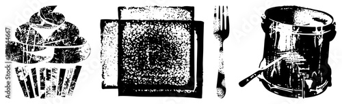Retro styled halftone illustrations of cupcake, toast, fork, and drum set graphic design elements, food and music, stylized vector art, black and white texture.