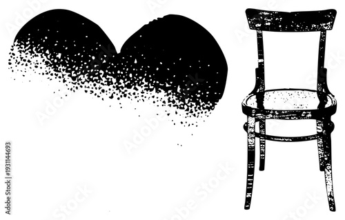 Black ink splatter graphic with textured decay effect, rustic wooden chair with distressed finish, vector art, artistic composition, isolated elements.