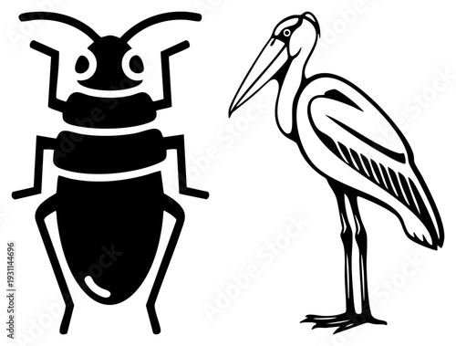 Vector of a stork and beetle, minimalist black and white illustration, stylized wildlife, graphic design elements.