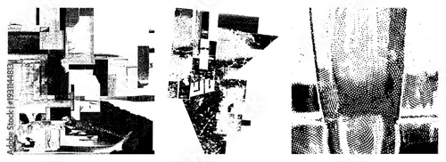 Fragmented geometric forms in black and white halftone, abstract art, graphic design element, vector, modern minimalist composition, digital art texture.