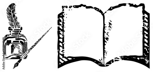 Classic writing tools including feather quill and inkwell, paired with ornate open book, scholarly vintage aesthetic, ink writing instrument, historical literature.