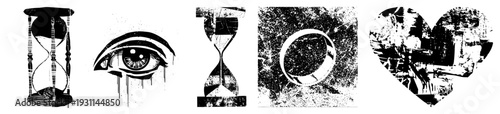Stylized hourglass, teardrop eye, fragmented O ring, heart shaped collage all rendered in gritty halftone texture, vector art, isolated symbols for design use.