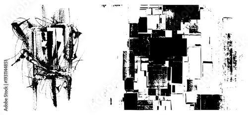 Fragmented geometric shapes and chaotic brushstroke forms, high contrast, abstract art, digital vector illustration, stylized texture.