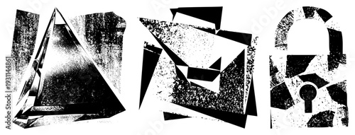 Stylized, envelope, and padlock rendered in bold black shapes with halftone grain, isolated vector graphics for modern design projects.