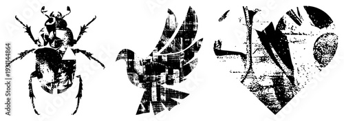 Graphic of beetle,, and heart rendered in distressed black, halftone grit, vector art, symbolic shapes, isolated cutout designs.
