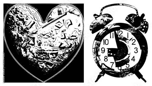 Cratered moon inside heart shape, celestial symbol, vintage alarm clock, distressed halftone style, graphic, retro sci fi.