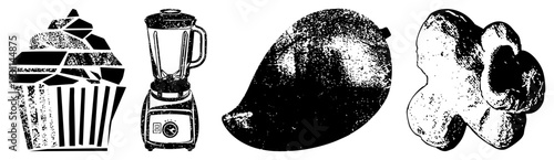 Stylized cupcake with swirl, blender appliance, mango fruit, flower bud. Flat vector design, halftone texture, isolated foreground elements.