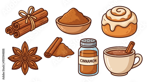 Cinnamon spice vector set with cartoon cinnamon sticks, powder, roll, and hot beverage