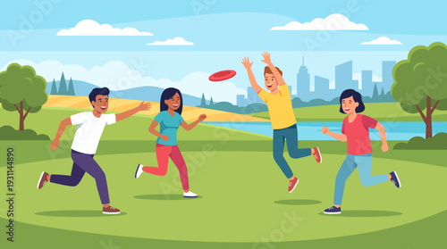 Group of happy friends playing frisbee in a sunny city park by a lake