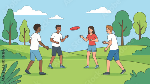Group of diverse friends playing a casual frisbee game in a sunny park