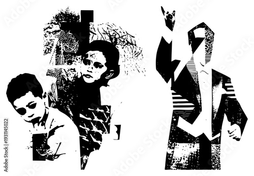 Stylized human figures rendered in high contrast halftone, graphic art, vector cutouts, urban street style, portraits.