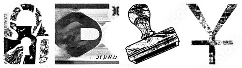Black and white halftone vector featuring currency, security, and financial symbols with textured, worn effects. Includes yen, stamp, padlock, and dollar design elements.