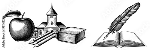 Classic learning, school building, writing tools, representing education, knowledge, and academia in sketch style.