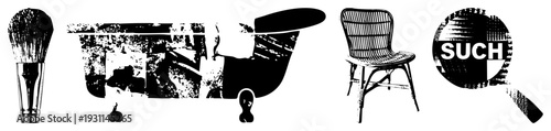 Black and white vector makeup brush, clawfoot tub, rattan chair, magnifying glass with “SUCH” text graphic design elements for creative projects.