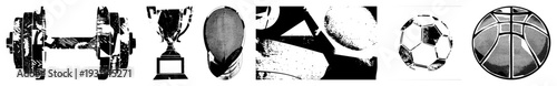 Dumbbell, trophy, soccer ball, basketball, and tennis racket rendered in bold halftone, isolated vector graphics, athletic gear, sport, fitness symbols.