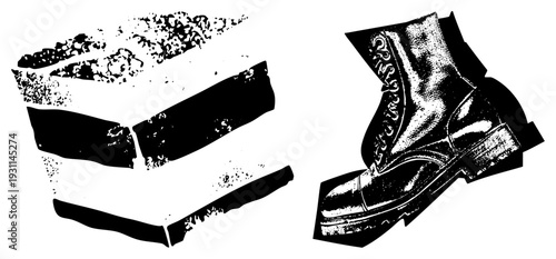 Stylized boot with ornate lacing and textured leather, juxtaposed with abstract brick fragments, halftone dot, graphic vector art.