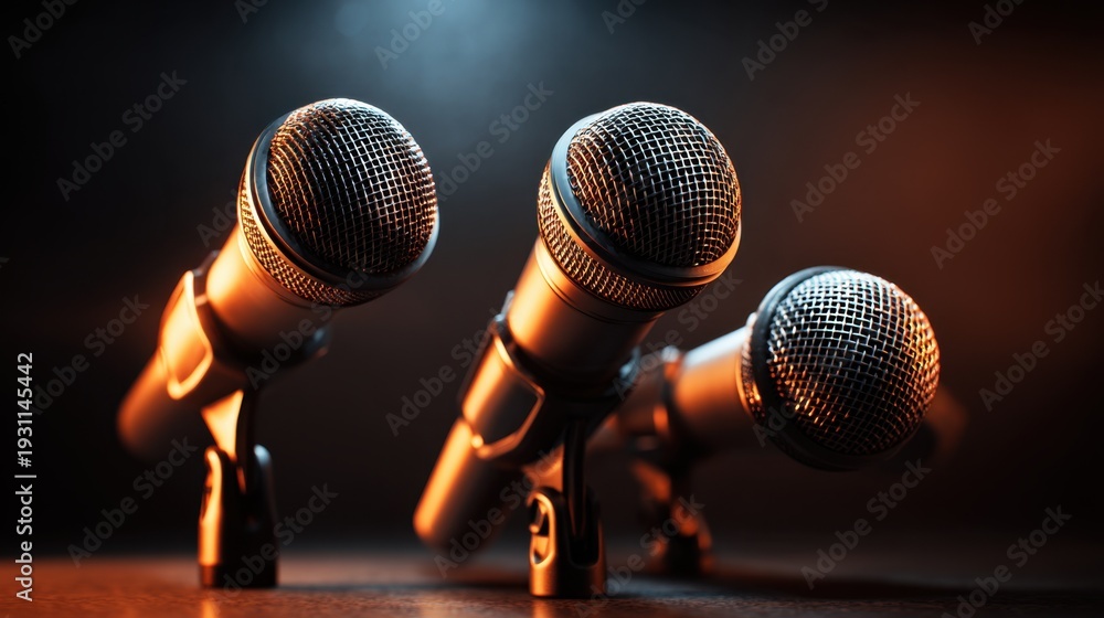 Obraz premium Close up view of several microphones angled towards center stage