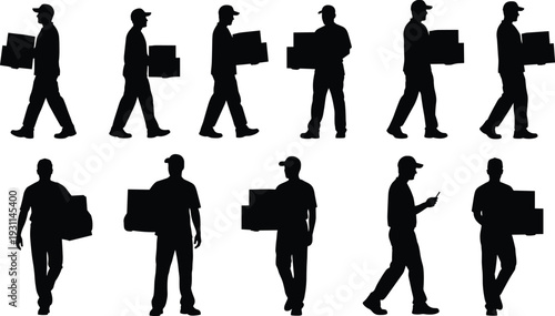 Delivery worker silhouettes collection with courier carrying boxes in various walking poses, logistics and shipping concept isolated on white background