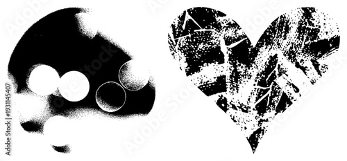 Stylized halftone heart with textured grit, abstract sphere cluster with gradient shading, vector graphic, art, isolated set.