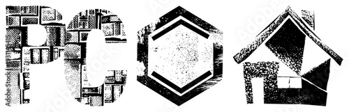 Graphic for PC, hexagon, and house rendered in halftone texture, vector art,, tech and home symbols, digital illustration, minimalist style.