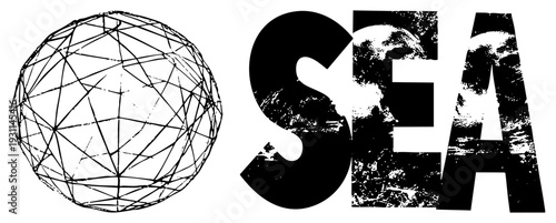 Abstract wireframe globe with intersecting, bold grunge typography, design, digital vector art, isolated logo element.