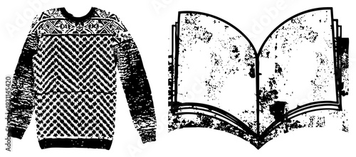 Black and white vector graphic of a sweater and an open book with distressed texture, flat design, educational or literary theme.