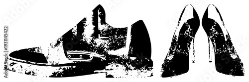 Urban fashion duo of slip on sneaker and stiletto heels, distressed black and white vector, streetwear meets glamour, isolated footwear graphic.