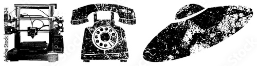Three objects rendered in halftone vector style rotary telephone, 3D printer, and flying saucer, all isolated with gritty texture. Synonyms retro tech, sci fi artifact, digital fabrication.