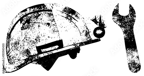 Worn construction helmet with dirt texture, open ended wrench, industrial gear, worker equipment, gritty, labor tools, builder accessories.