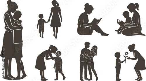 Mother and Son Silhouette Vector Collection - Set of 8 Parental Love and Bonding Scenarios: Hugging, Walking, Reading, and Son Giving Flower to Mother