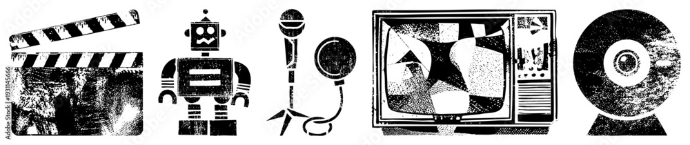 Obraz premium Retro including clapperboard, robot, mic, TV with static, and CD stylized symbols for film, tech, and entertainment.