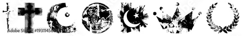Distressed black symbols (,, crown, wreath, compass, globe) for logos/UI. Synonyms emblems, insignias, marks.