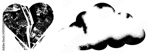 Split heart symbol with distressed texture, emotional, romantic symbol, broken love motif, halftone cloud, graphic design element, vector art.