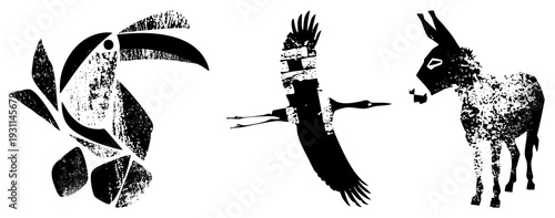 Graphic vector illustrations of toucan, crane, and with distressed textures,, abstracted shapes, isolated animal, artistic wildlife renderings.