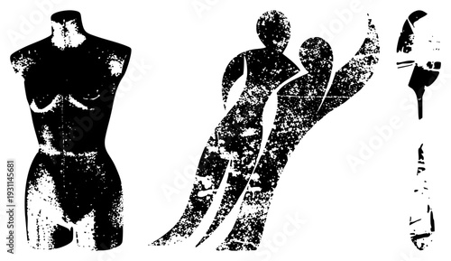 Stylized black figures with distressed texture, fashion mannequin, dancer silhouette, graphic art, vector illustration, urban design.
