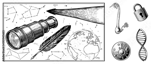 Antique telescope, quill pen, celestial map, globe, DNA helix, virus, lock, and tentacle illustration, classic engraved style, educational or historical use.