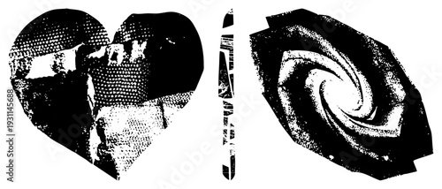 Vector halftone forming heart and spiral shapes, graphic design elements, black and white art, stylized forms, isolated symbols, geometric abstraction.