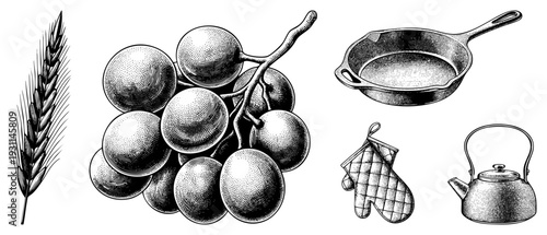 Rustic kitchenware including skillet, kettle, oven mitts, alongside wheat stalk and grape cluster, rendered in detailed halftone engraving.