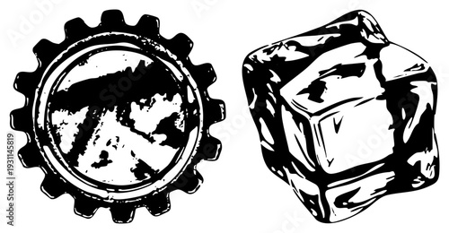 Mechanical cogwheel and melting ice cube, industrial gear and frozen water, stylized graphic elements, design, mechanical and cold themes.