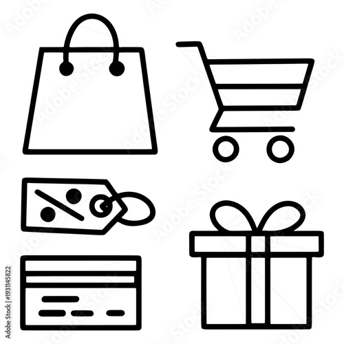 Modern shopping icon set featuring shopping cart, shopping bag, discount tag, gift box, and credit card. Clean vector icons suitable for e-commerce, retail, online store, and mobile app design