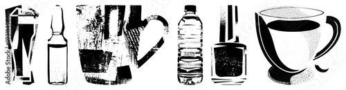 Stylized graphic of drink vessels including mug, bottle, and cup, rendered in high contrast halftone, isolated vector art, minimalist design.