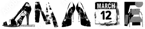 Distressed high heels, vintage calendar page, minimalist chair gritty textures,, graphic design elements.