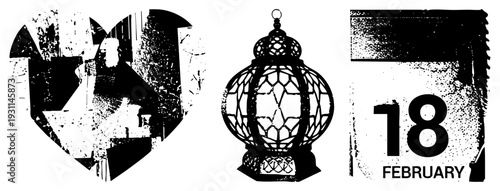 Grunge stylized heart, intricate lantern silhouette, calendar date “18 FEBRUARY,” vector with distressed texture, ideal for retro design projects.