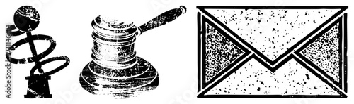 Set of three symbolic gavel for law, caduceus for medicine, envelope for communication, rendered in distressed vector art with halftone texture.