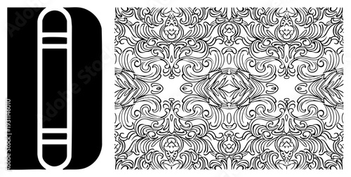 Intricate damask scrollwork, symmetrical decorative motif, elegant vector art, isolated glyph element, black art, classic design.