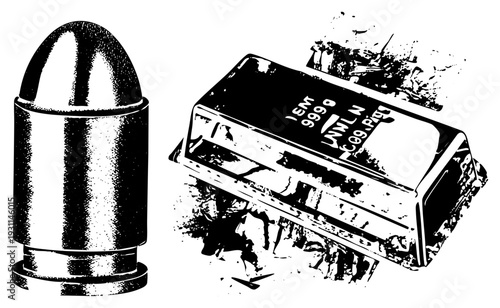 Black and white halftone graphic of a bullet and integrated circuit, tech and weaponry juxtaposition, vector art, isolated elements, mechanical design.