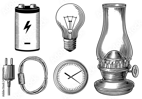 Battery, lightbulb, oil lamp, plug,, analog clock classic and electric tech, hand drawn vector set, isolated elements for design.