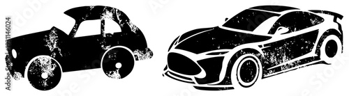 Retro car silhouette and sleek sports car cutout, black vector with distressed texture, automotive design, stylized vehicle shapes, graphic illustration.